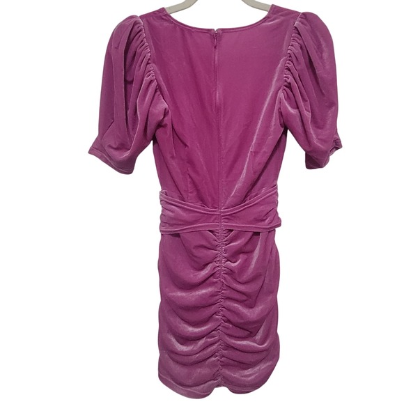 For Love & Lemons Velvet Mini Dress Pink Ruched Tie Front Puff Sleeve‎ S - Picture 10 of 14